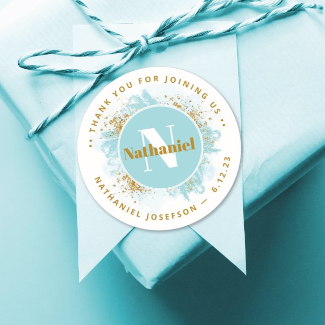 Babydusche Danke Monogram Watercolor Glitzer Runder Aufkleber (Von Creator hochgeladen)