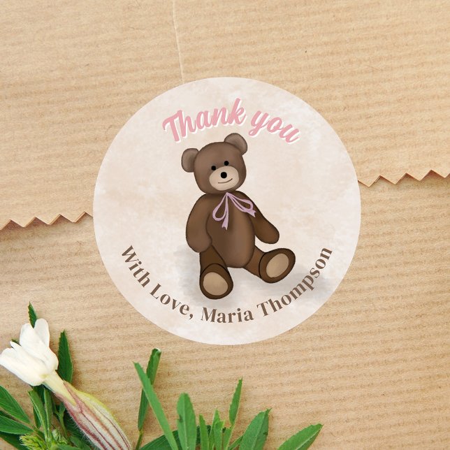 Babydusche Danke Pink Teddy Bear Runder Aufkleber (Cute Baby Shower Custom Party Favor Stickers.)
