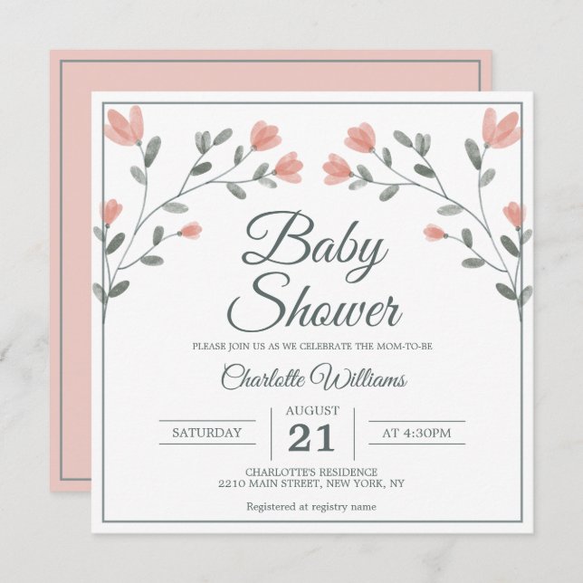 Babydusche Delikate Blume Rosa & Leder Grün Einladung (Vorne/Hinten)
