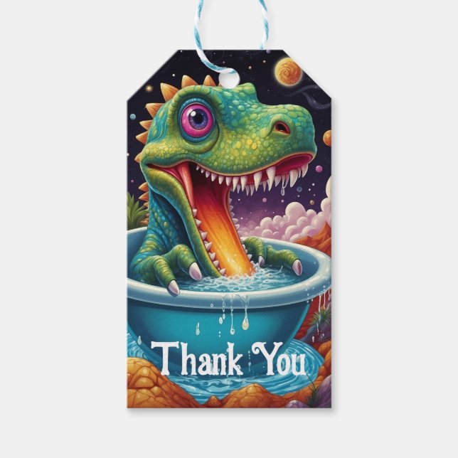 Babydusche Dino-Mite-Party-Design Geschenkanhänger (Vorderseite)