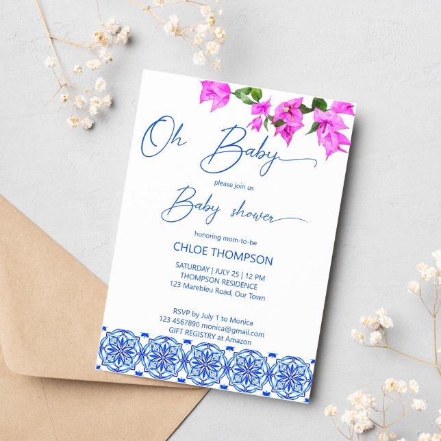 Babydusche Einladung (oh baby french blue tiles bougainvillea baby shower invitation template pink and blue Mediterranean)