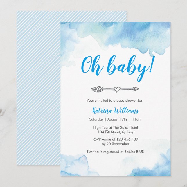 Babydusche Einladung Blauer Wasserfarbenpfeil (Vorne/Hinten)