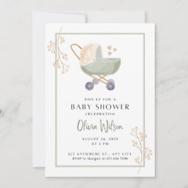 Babydusche Einladung Grüne Blume Kinderwagen