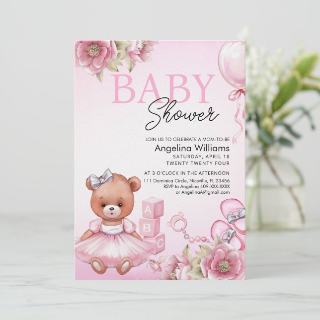 Babydusche Einladung mit Teddybär. (Stehend Vorderseite)