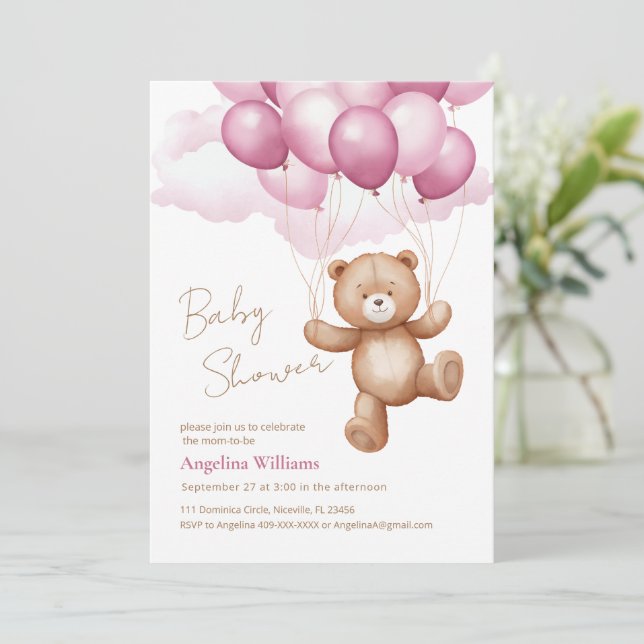 Babydusche Einladung mit Teddybär. (Stehend Vorderseite)