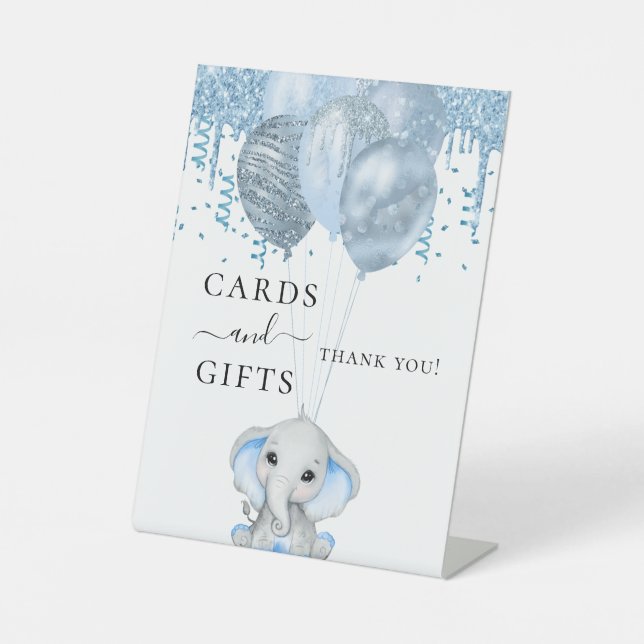 Babydusche Elefantenjunge blaue Ballons weiße Gesc Sockelschild (Vorderseite)