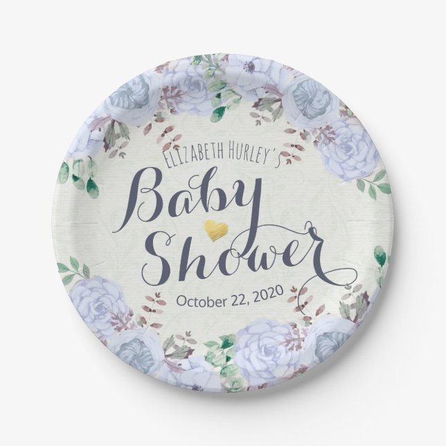 Babydusche Elegante Chic Blue Wassercolor Pappteller (Vorderseite)