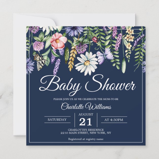 Babydusche Elegante Wildblumen Navy Blue Floral Einladung (Vorderseite)