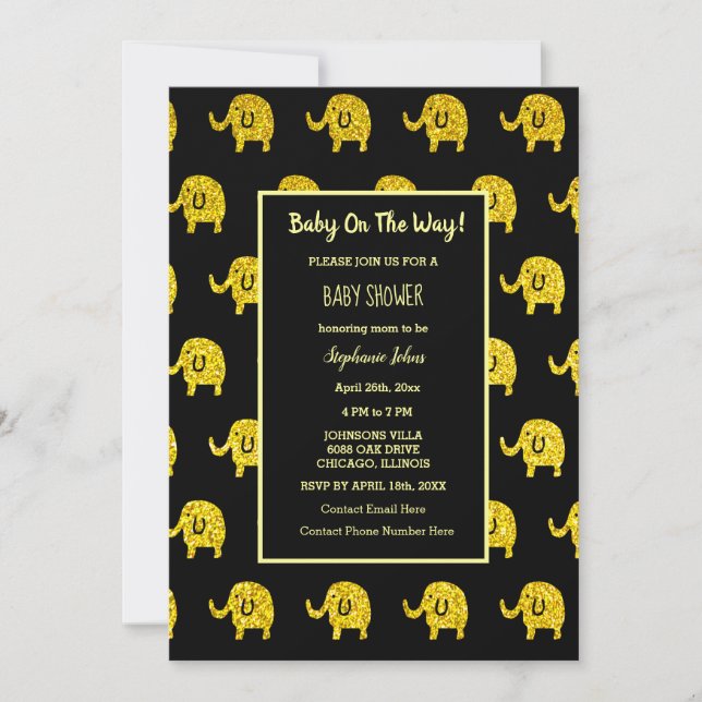 Babydusche Elephant Animal Gold Glitzer Black Einladung (Vorderseite)