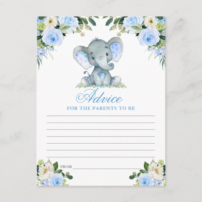 Babydusche Elephant Blue Floral Advice Card Postkarte (Vorderseite)