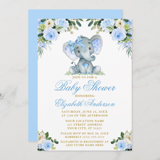 Babydusche Elephant Bow Blue Floral Gold Einladung (Vorne/Hinten)