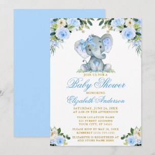 Babydusche Elephant Bow Blue Floral Gold Einladung