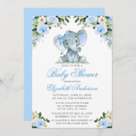 Babydusche Elephant Bow Blue Floral Silver Einladung