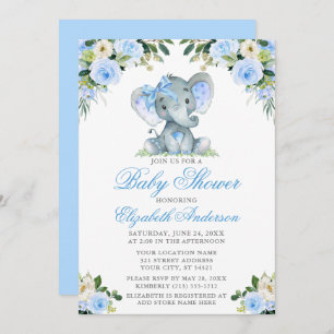 Babydusche Elephant Bow Blue Floral Silver Einladung