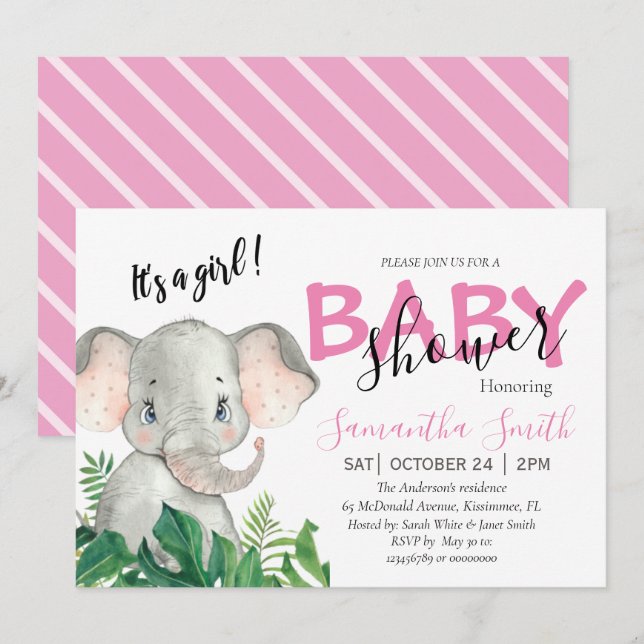 Babydusche Elephant pink Ankündigung (Vorne/Hinten)