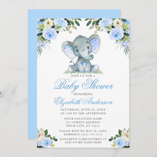 Babydusche Elephant Watercolor Blue Floral Silver Einladung (Vorne/Hinten)