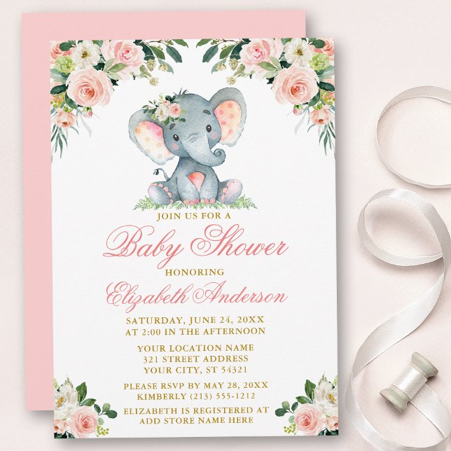 Babydusche Elephant Watercolor Pink Floral Gold Einladung (Customize to change text color, style, add text & photos to back or change color of back of card.)