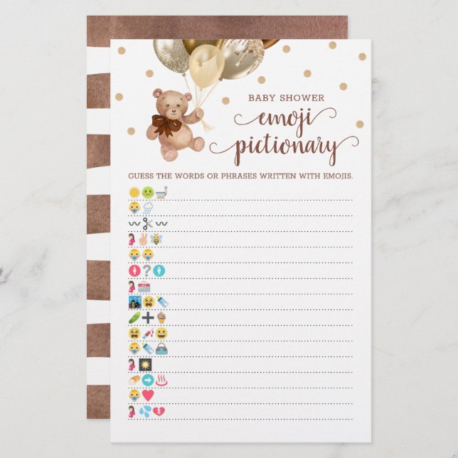 Babydusche Emoji Pictionary Game Teddy Bear Theme (Vorne/Hinten)