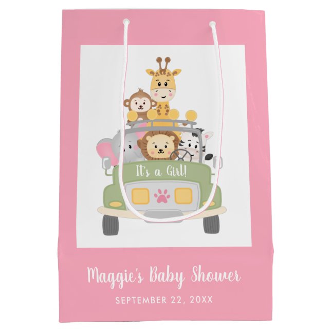 Babydusche Es ist ein Mädchen Safari Pink Vielen D Mittlere Geschenktüte (Rückseite)