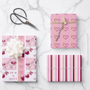 Babydusche Es ist eine Girl Pink Birds Geschenkpapier Set