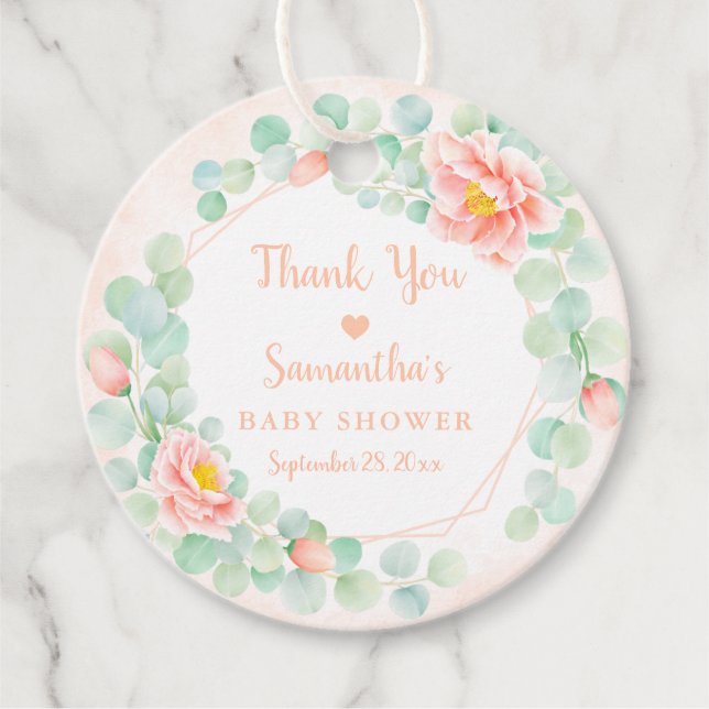 Babydusche Eucalyptus Blätter Blumenkronen Peach Geschenkanhänger (Vorderseite)