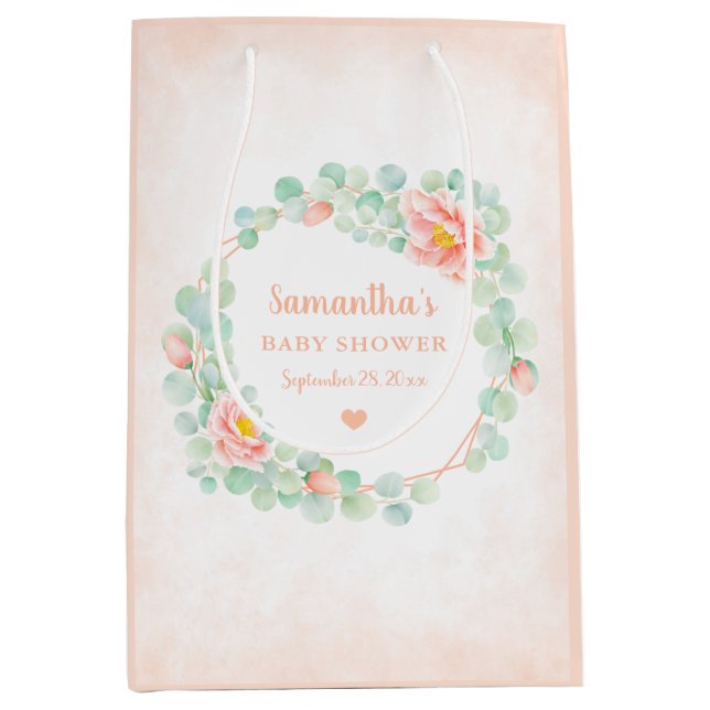 Babydusche Eucalyptus Blätter Blumenkronen Peach Mittlere Geschenktüte (Vorderseite)