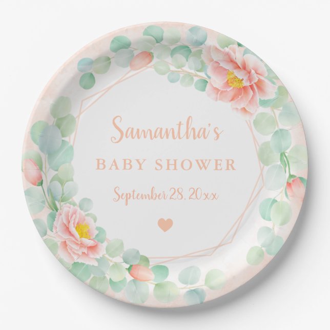 Babydusche Eucalyptus Blätter Blumenkronen Peach Pappteller (Vorderseite)