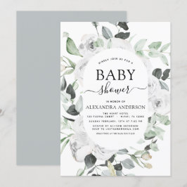 Babydusche Eukalyptus Floral Weiße Rosen Grünpflan Einladung