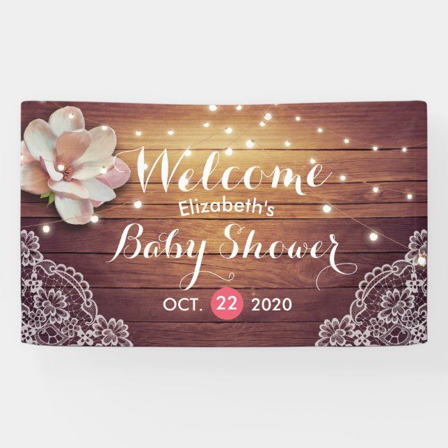 Babydusche florale Strudelleuchten Rustikale Holzs Banner (Horizontal)