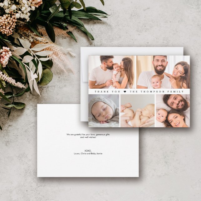 Babydusche FotoCollage Einfach Dankeskarte (Simple photo collage, baby shower thank you family card.)