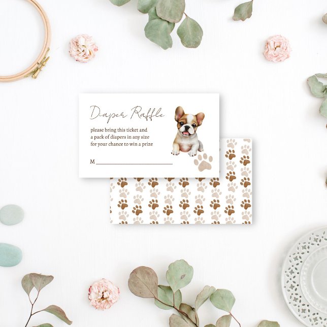 Babydusche für Hunde Begleitkarte (Puppy dog themed baby shower diaper raffle enclosure card cute French bulldog god lovers baby shower)