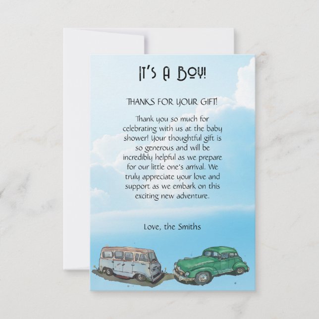 Babydusche für Junge, Van und Limousine Dankeskarte (Vorderseite)