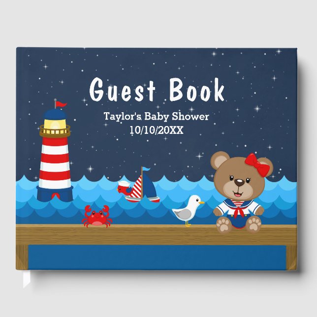 Babydusche für Nautical Girl Bear Red und Navy Gästebuch (Vorderseite)