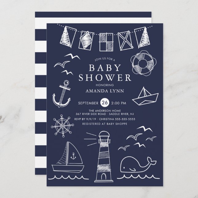 Babydusche für Nautical Sailboat Boy Einladung (Vorne/Hinten)