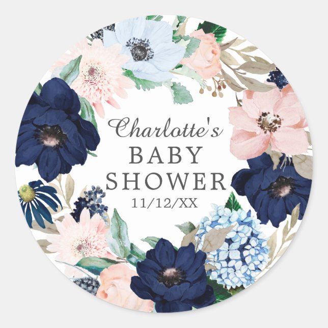 Babydusche für Navy & Blush Runder Aufkleber (Vorderseite)