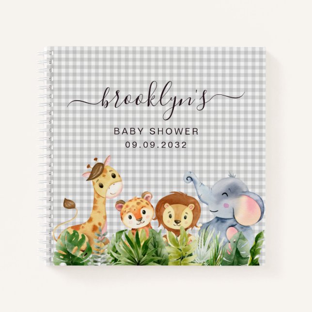 Babydusche Gästebuch | Gingham Jungle Notizbuch (Vorderseite)