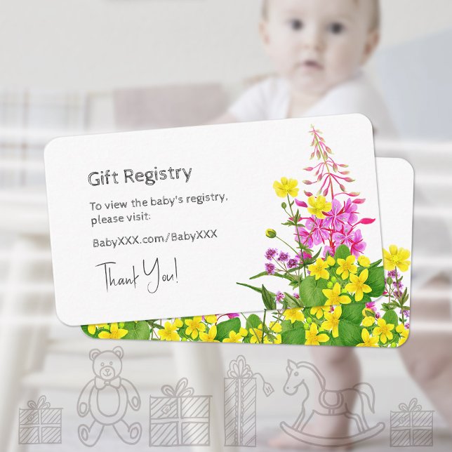 Babydusche Geschenk Registrierung Gelb Rosa Wildbl Begleitkarte (Baby Shower Gift Registry Yellow Pink Wildflower Enclosure Card ©Susanne Sachers - Sunny Mind Design)