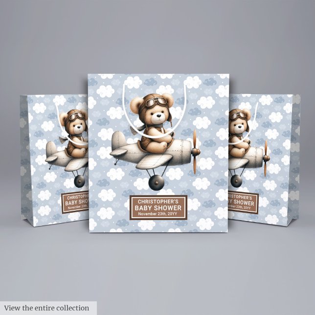 Babydusche Geschenktasche mit Bärendesign Mittlere Geschenktüte (Boy Baby Shower Gift Bag With Flying Bear Design)