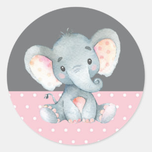 Babydusche "Girl Elephant" Pink und Grau Runder Aufkleber