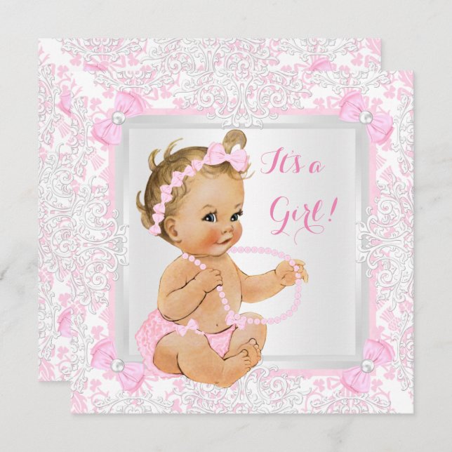 Babydusche Girl Lace Damask Pink Blonde Einladung (Vorne/Hinten)