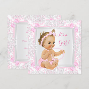 Babydusche Girl Lace Damask Pink Blonde Einladung
