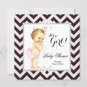 Babydusche Girl Pink Black Strip Weiße Blonde Einladung