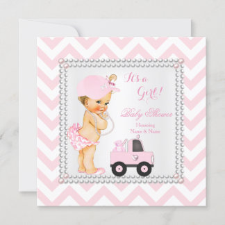 Babydusche Girl Pink Cap Truck Bear Blonde Einladung