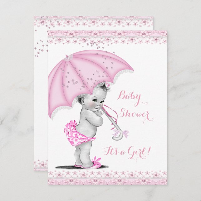 Babydusche Girl Pink Sprinkle Schirm Einladung (Vorne/Hinten)