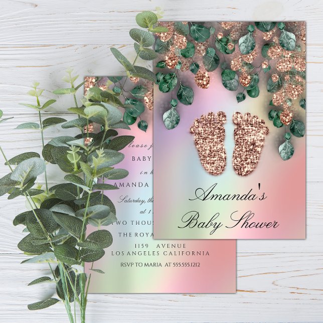 Babydusche Glitzer Feet Rose Glitzer Grün Einladung (Baby Shower Glitter Feet Rose Glitter Green Invitation)