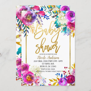 Babydusche Gold Script Bold Wasserfarbe Floral Einladung