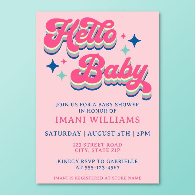 Babydusche Groovy Retro Typografie Pink Einladung (Retro groovy pink baby shower invitation on a turquoise background.)
