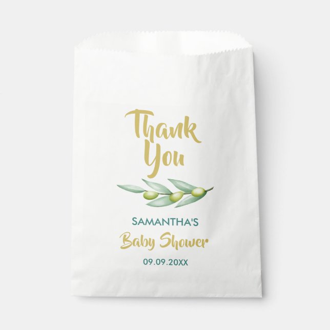 Babydusche Grünpflanzen Olivenzweig Elegant Geschenktütchen (Vorderseite)