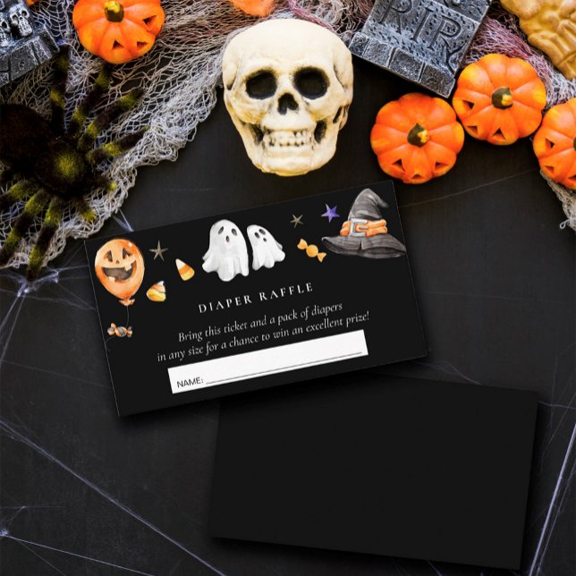 Babydusche Halloween Windeln Raffle Black Begleitkarte (Get swept up in the Halloween fun and add a playful twist to our baby's diaper stack! )