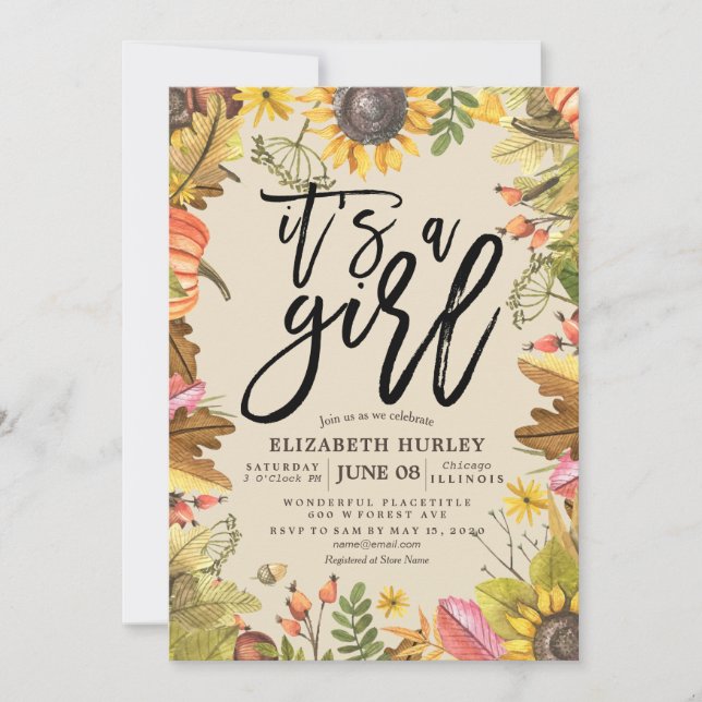 Babydusche Herbstmaple Blätter Pumpkin Sonnenblume Einladung (Vorderseite)